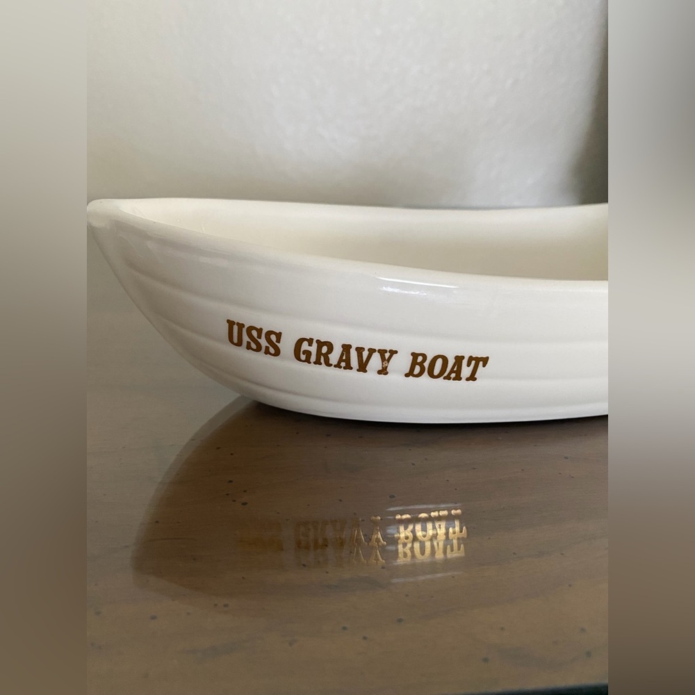 USS Gravy Boat Ship Shape Novelty Ceramic Serving Dish Gold & White - Picture 3 of 10